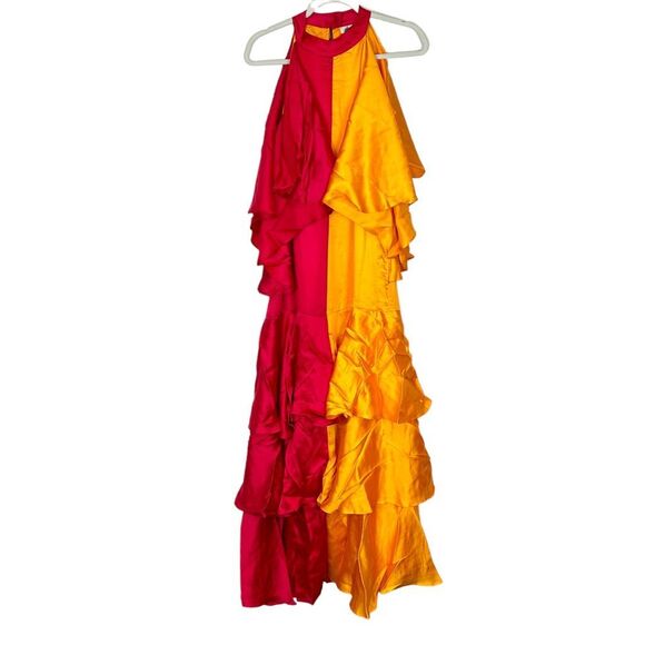 Anthropologie Pinnacle X Shruti Orange Pink Colorblock Ruffle Maxi Dress Medium - Picture 3 of 15